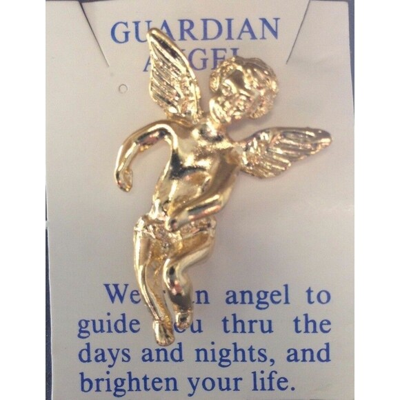Guardian Angel Tie Tack Cherub Vintage Lapel Pin Religious Gold tone Made in USA - Picture 2 of 2